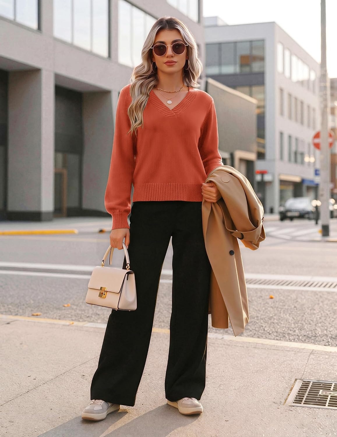 image:imageZeagoo Womens Cropped V Neck Sweaters 2026 Fall Trendy Long Latern Sleeve Ribbed Knit Pullover Sweater TopsOrange