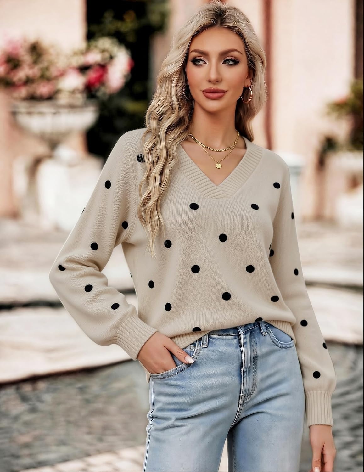 image:imageZeagoo Womens Cropped V Neck Sweaters 2026 Fall Trendy Long Latern Sleeve Ribbed Knit Pullover Sweater TopsPolka Dotkhaki