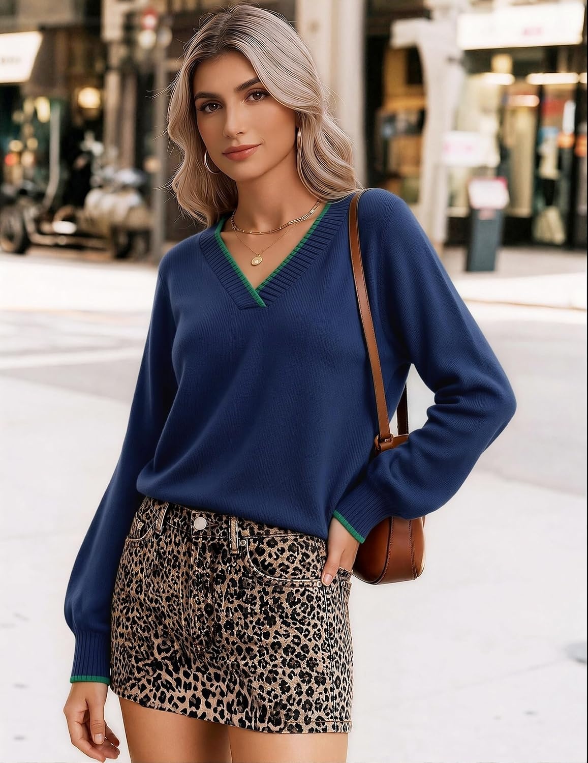image:imageZeagoo Womens Cropped V Neck Sweaters 2026 Fall Trendy Long Latern Sleeve Ribbed Knit Pullover Sweater TopsStriped Blue