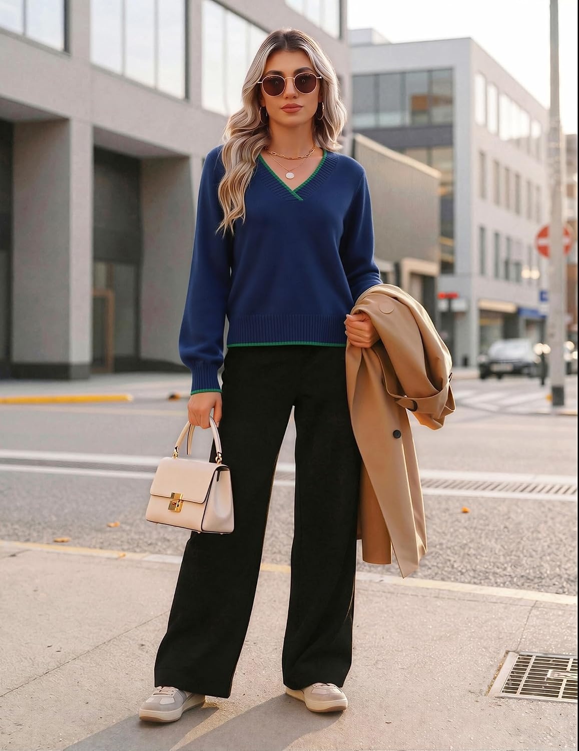 image:imageZeagoo Womens Cropped V Neck Sweaters 2026 Fall Trendy Long Latern Sleeve Ribbed Knit Pullover Sweater TopsStriped Blue