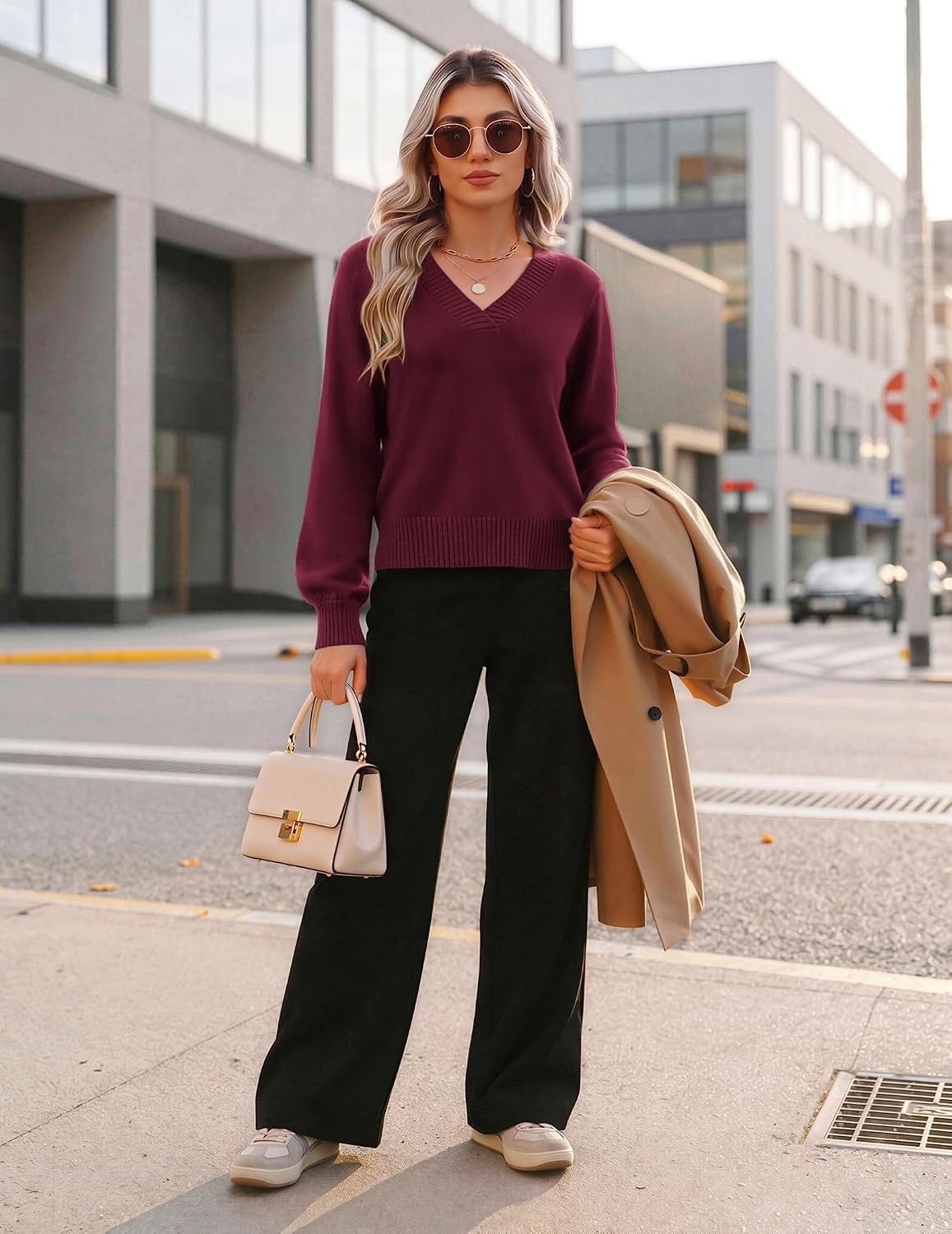image:imageZeagoo Womens Cropped V Neck Sweaters 2026 Fall Trendy Long Latern Sleeve Ribbed Knit Pullover Sweater TopsWine Red