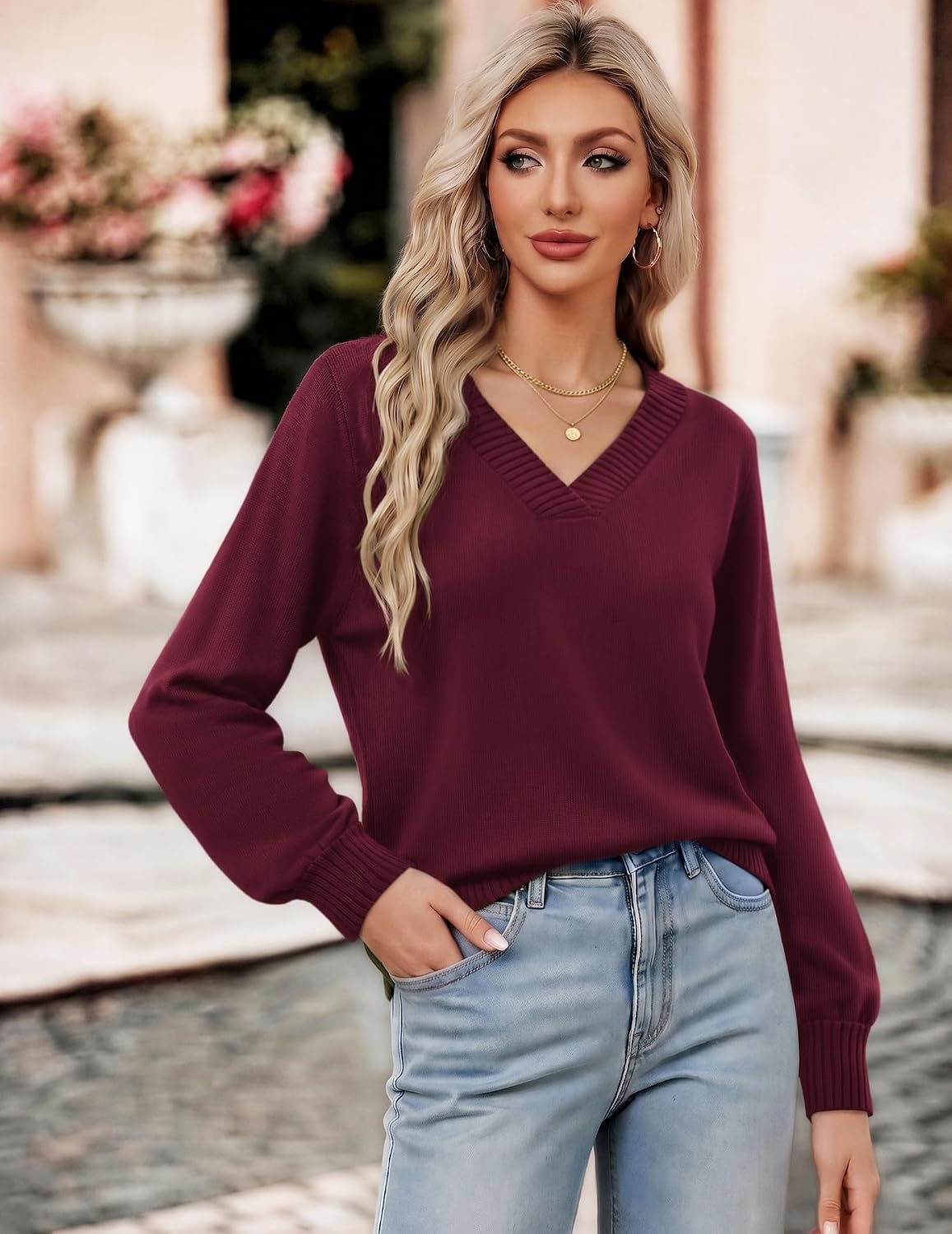 image:imageZeagoo Womens Cropped V Neck Sweaters 2026 Fall Trendy Long Latern Sleeve Ribbed Knit Pullover Sweater TopsWine Red