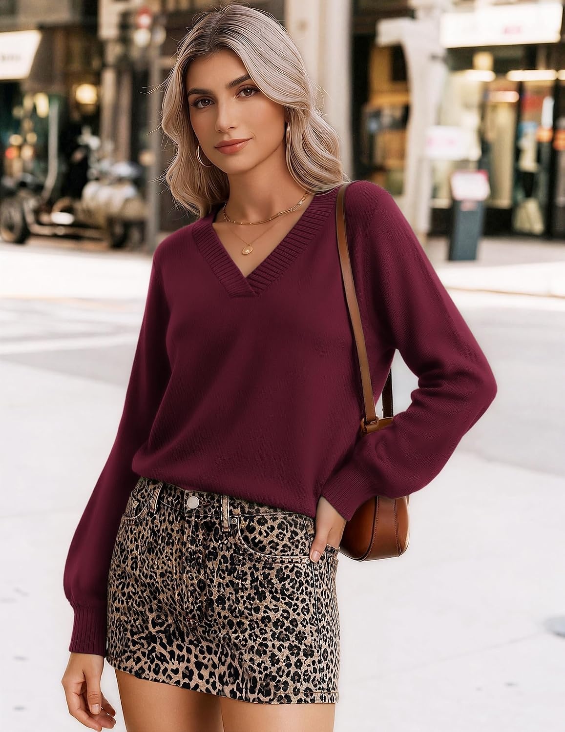 image:imageZeagoo Womens Cropped V Neck Sweaters 2026 Fall Trendy Long Latern Sleeve Ribbed Knit Pullover Sweater TopsWine Red