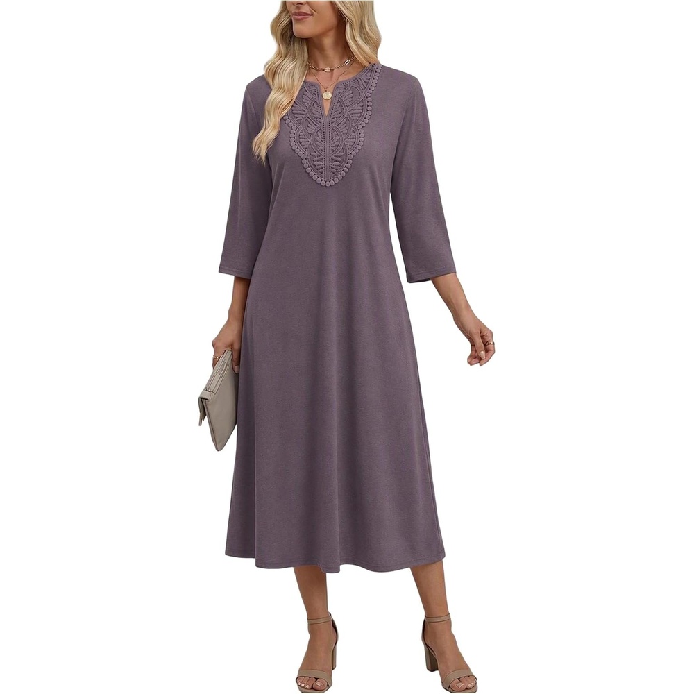 image:imageZeagoo 34 Sleeve Dress for Women Midi Dresses V Neck Lace Casual SundressAmocha Grey Purple