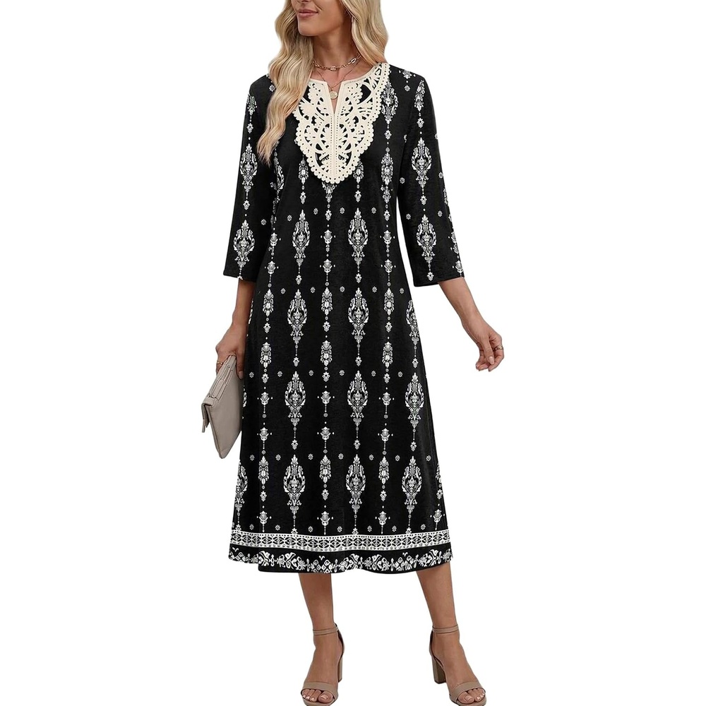image:imageZeagoo 34 Sleeve Dress for Women Midi Dresses V Neck Lace Casual SundressBlack Printed