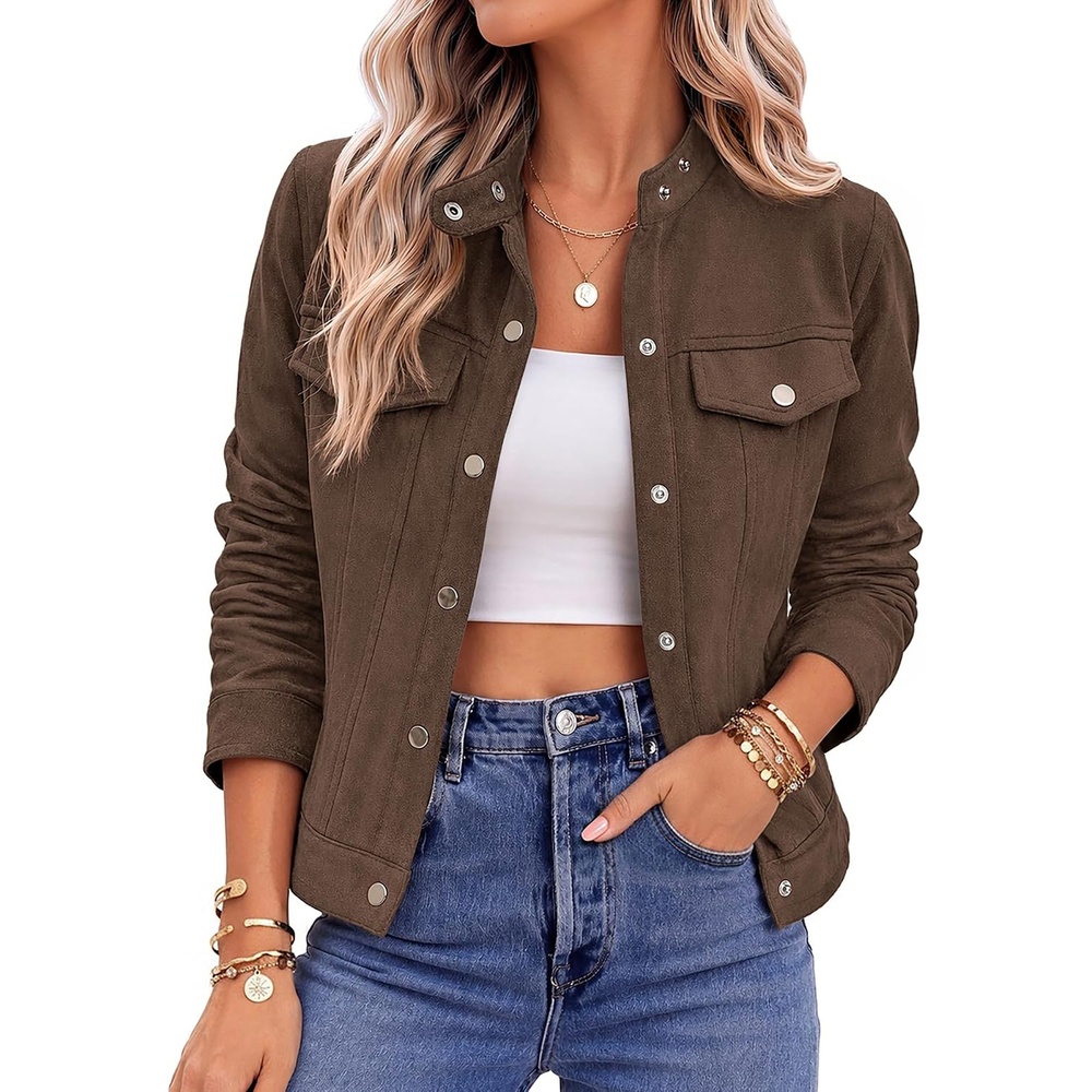 image:imageZeagoo Faux Suede Cropped Jackets for Women Trendy Fall Shackets CoatsChocolate Brown