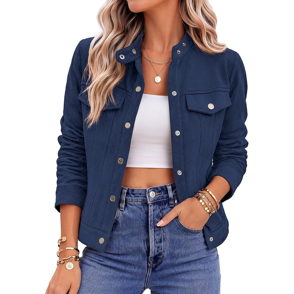 image:imageZeagoo Faux Suede Cropped Jackets for Women Trendy Fall Shackets CoatsNavy