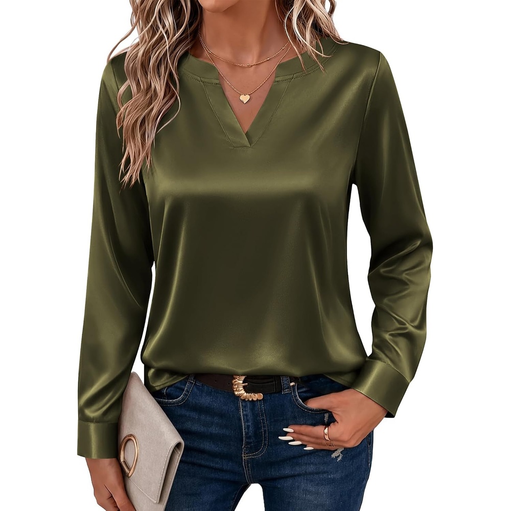 image:imageZeagoo Satin Blouses for Women Silk Tops Long Sleeve Shirts Fall ClothesArmy Green