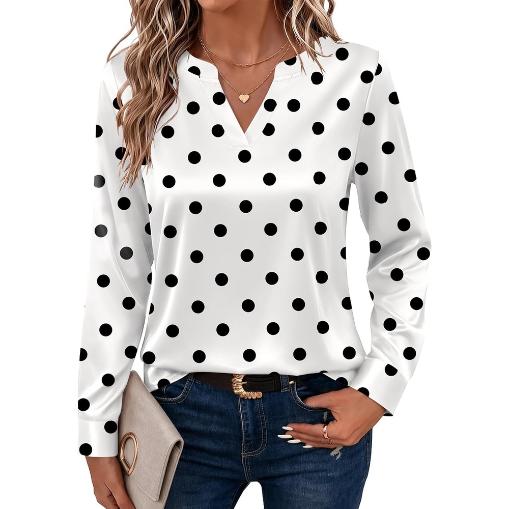 image:imageZeagoo Satin Blouses for Women Silk Tops Long Sleeve Shirts Fall ClothesPolka Dots