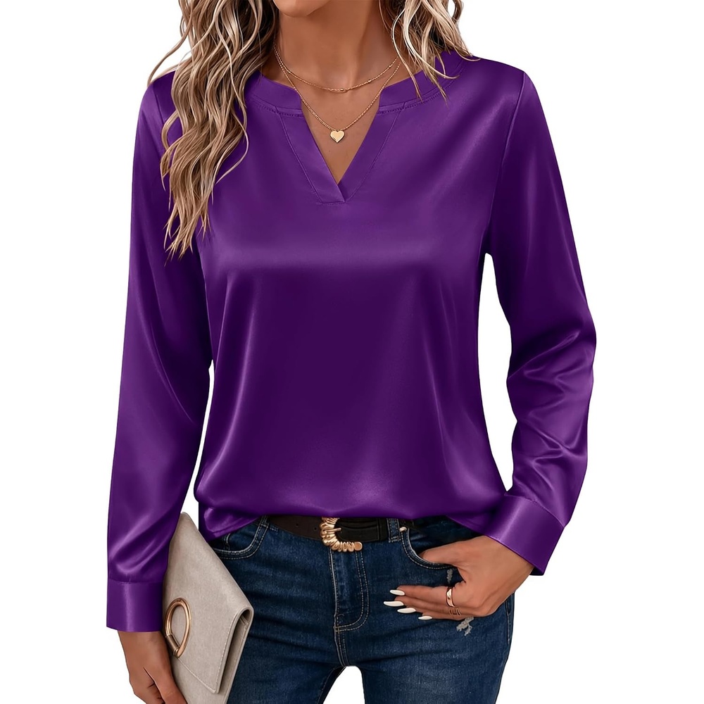 image:imageZeagoo Satin Blouses for Women Silk Tops Long Sleeve Shirts Fall ClothesPurple