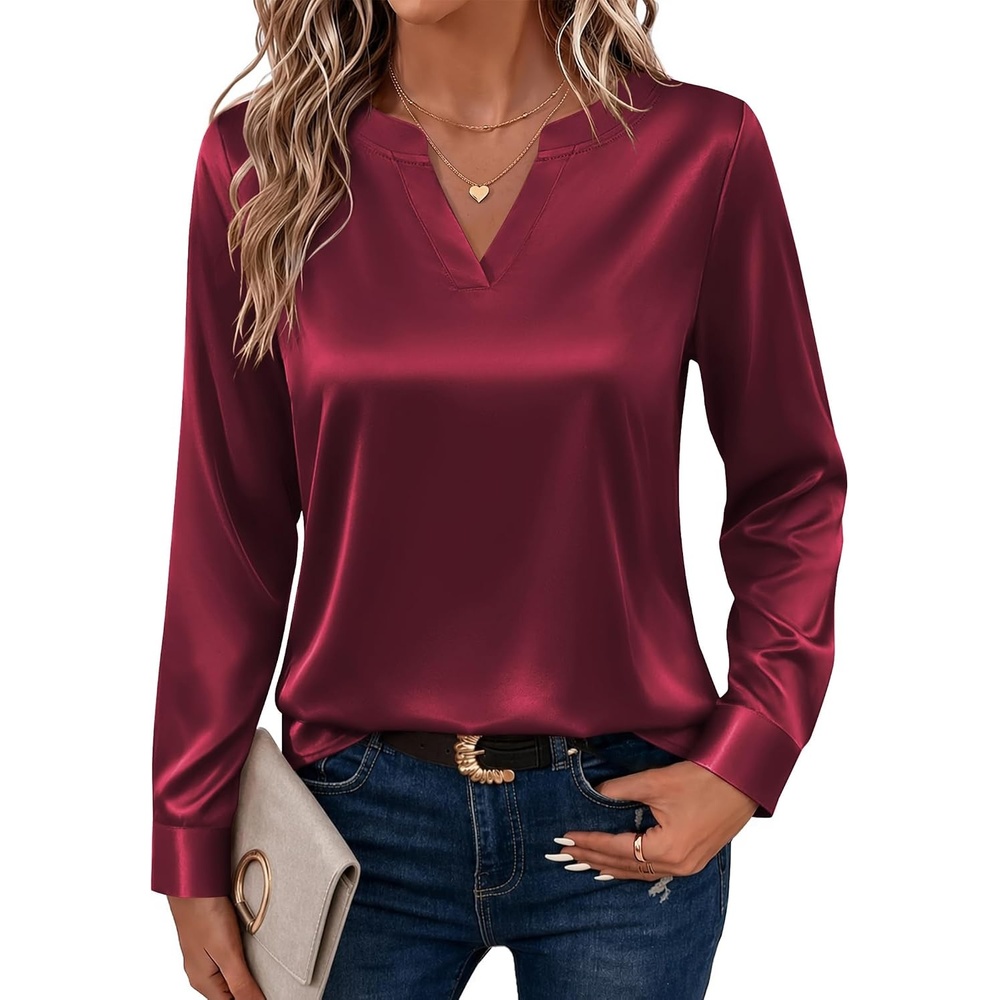 image:imageZeagoo Satin Blouses for Women Silk Tops Long Sleeve Shirts Fall ClothesWine Red