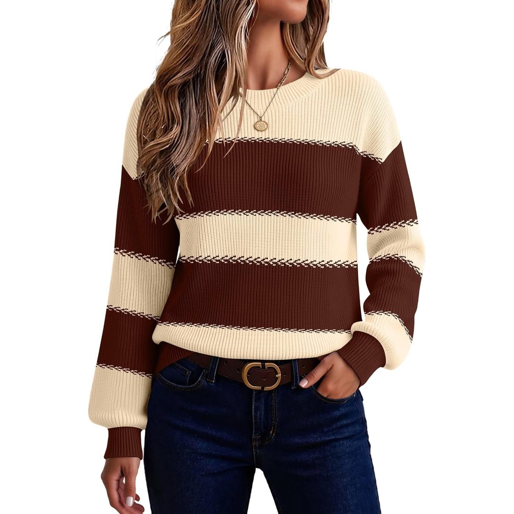 image:imageZeagoo Sweaters for Women 2026 Loose Fit Chunky Knit Casual Fall OutfitsBrown Beige Block