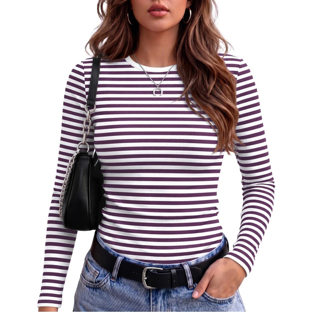 image:imageZeagoo Women Long Sleeve Shirts Ribbed Tops Crewneck Basic TeePurple Stripe