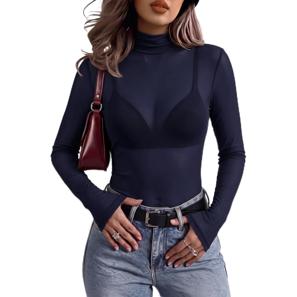 image:imageZeagoo Women Mesh Sheer Top Long Sleeve Sexy Shirt Slim Fitted Fall ClothesNavy