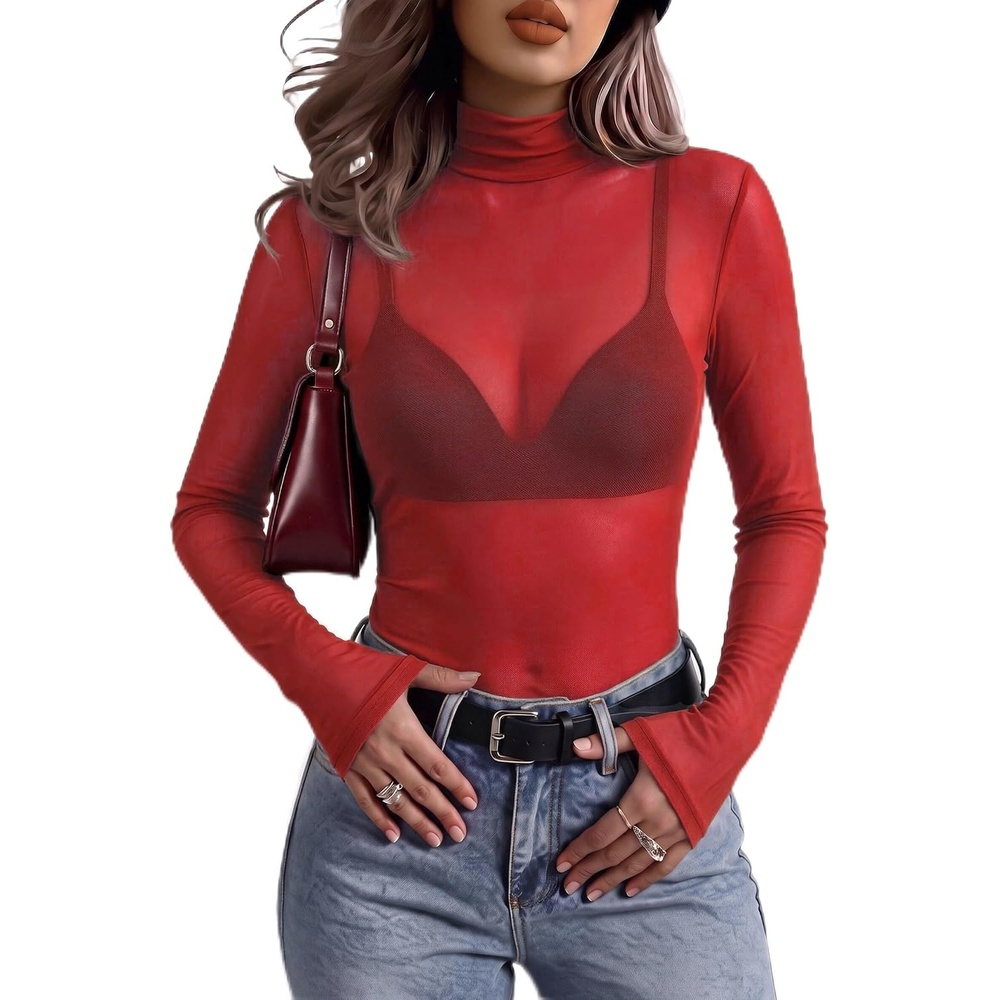image:imageZeagoo Women Mesh Sheer Top Long Sleeve Sexy Shirt Slim Fitted Fall ClothesRed