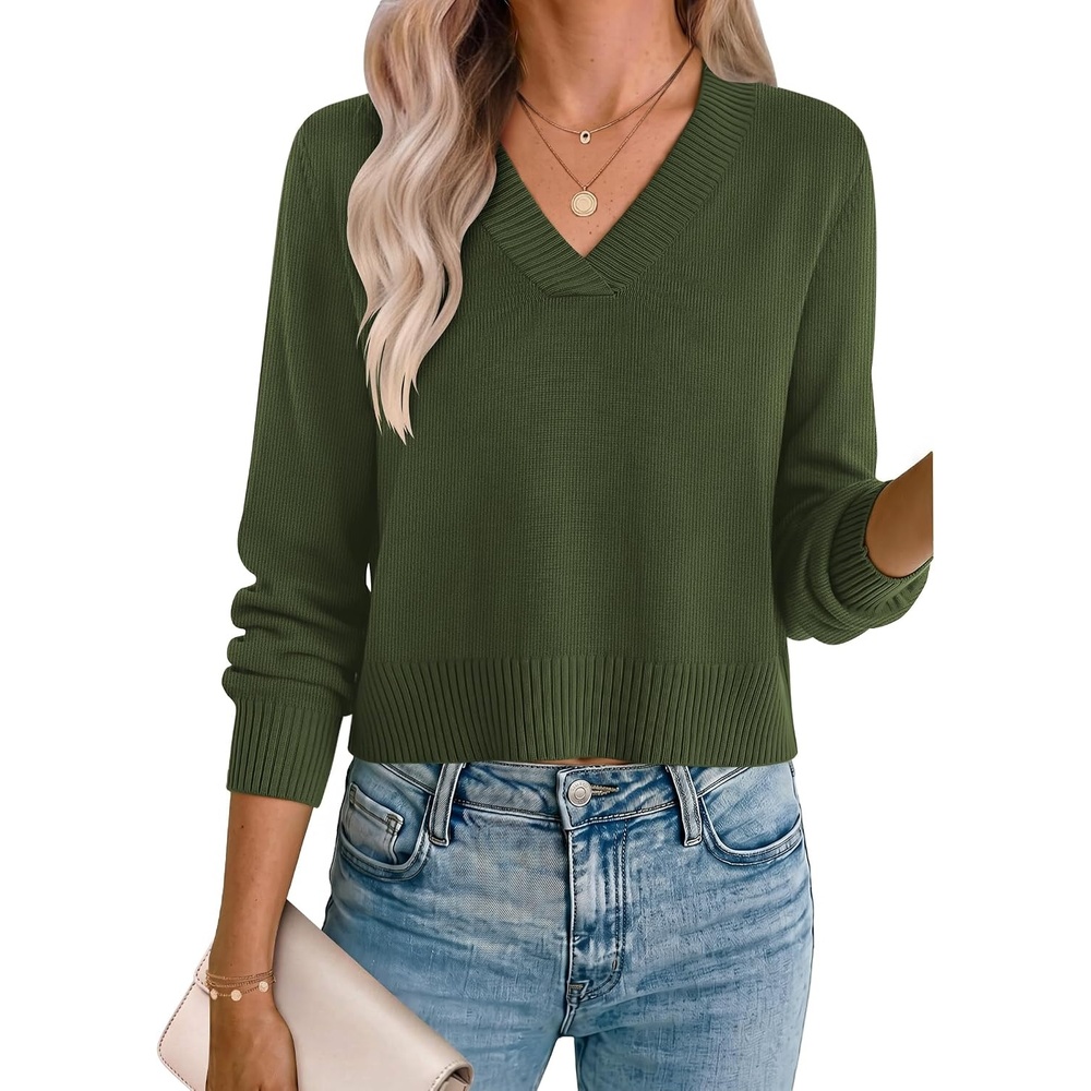 image:imageZeagoo Womens Cropped V Neck Sweaters 2026 Fall Trendy Long Latern Sleeve Ribbed Knit Pullover Sweater TopsArmy Green