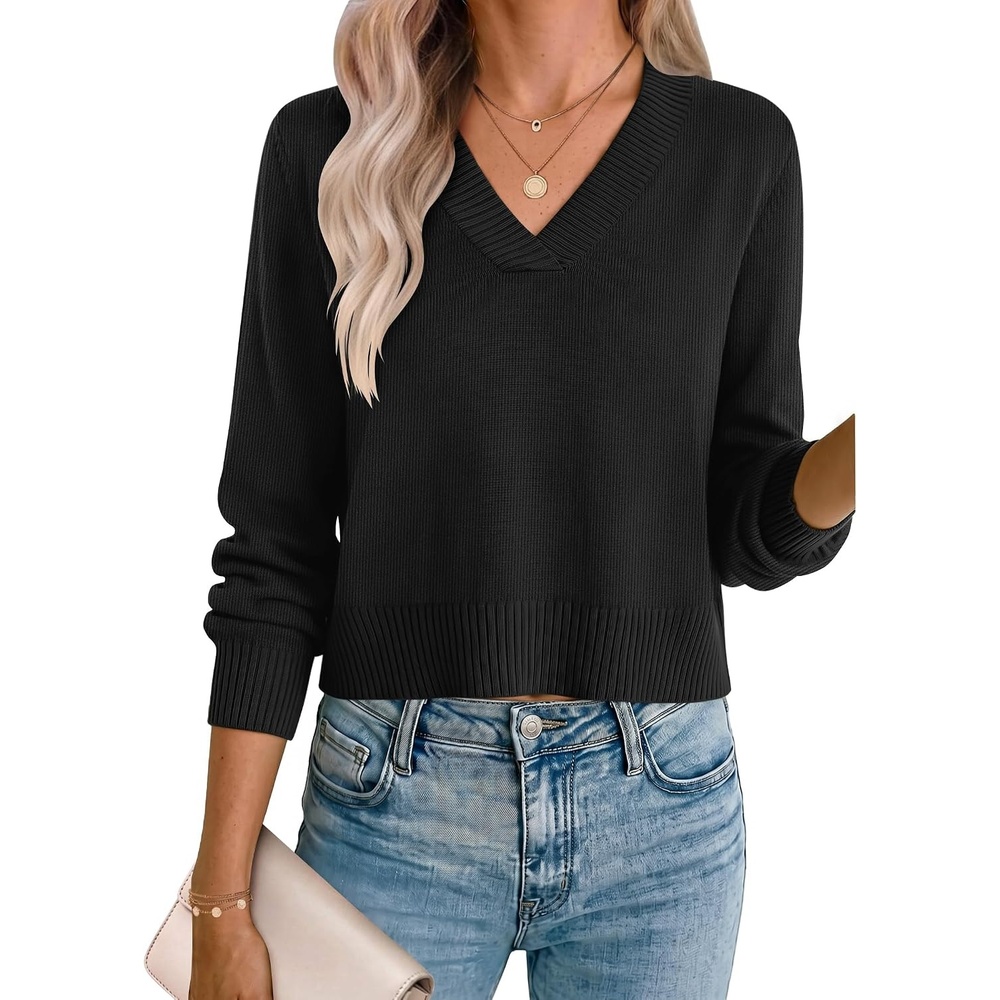 image:imageZeagoo Womens Cropped V Neck Sweaters 2026 Fall Trendy Long Latern Sleeve Ribbed Knit Pullover Sweater TopsBlack