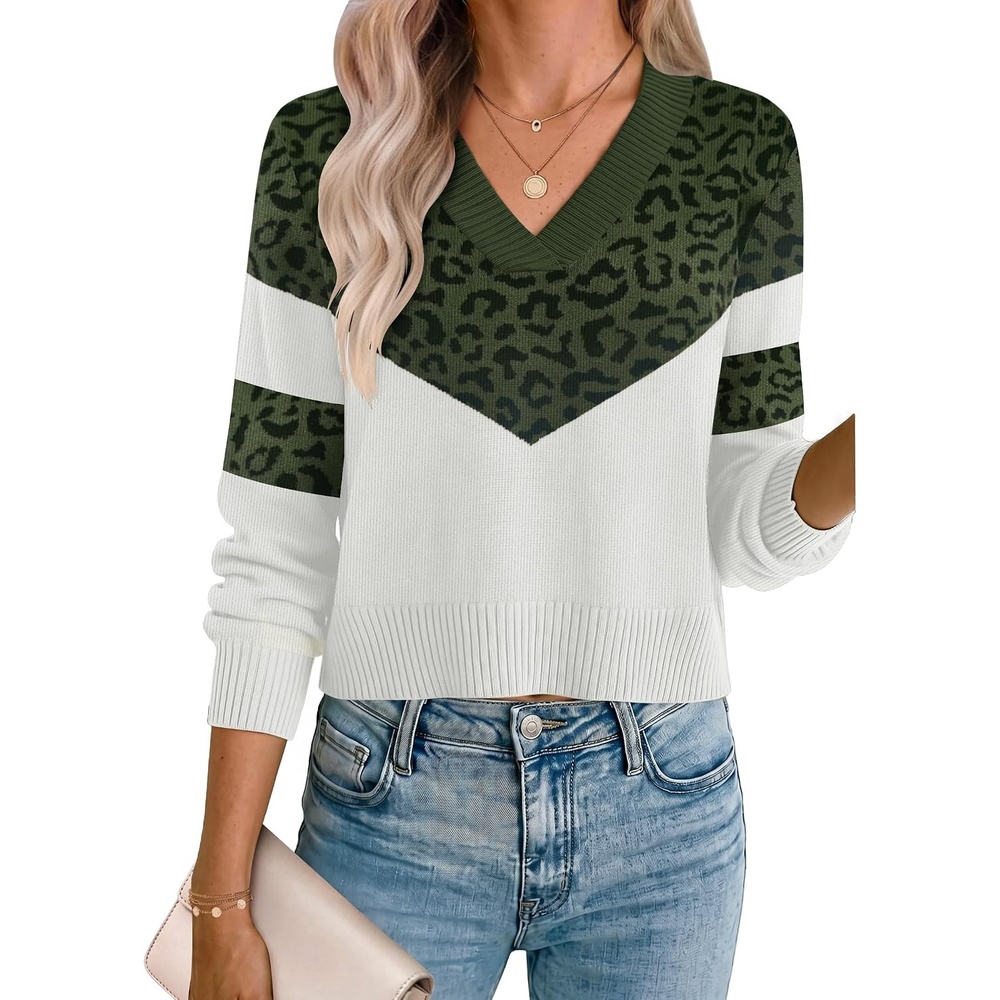 image:imageZeagoo Womens Cropped V Neck Sweaters 2026 Fall Trendy Long Latern Sleeve Ribbed Knit Pullover Sweater TopsLeopardarmy White
