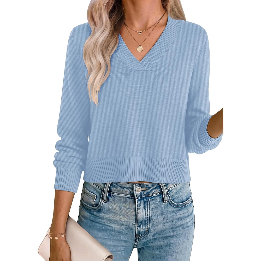 image:imageZeagoo Womens Cropped V Neck Sweaters 2026 Fall Trendy Long Latern Sleeve Ribbed Knit Pullover Sweater TopsLight Blue