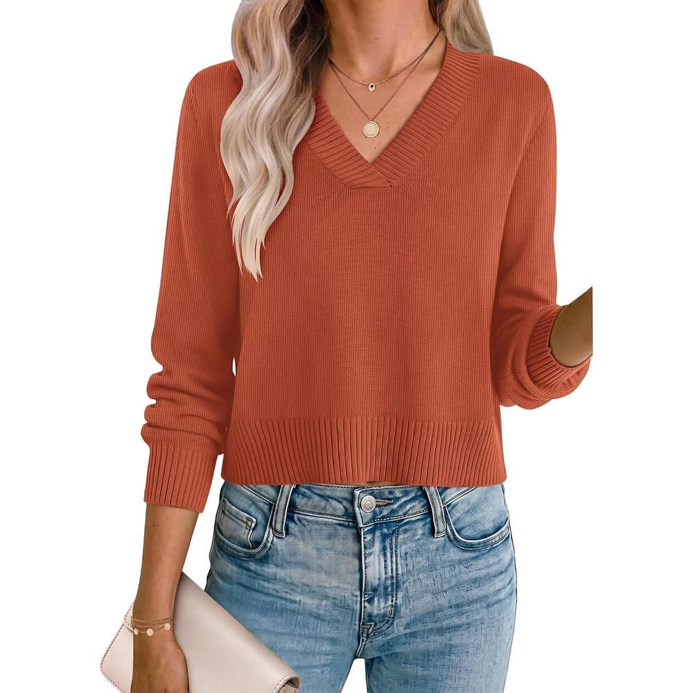 image:imageZeagoo Womens Cropped V Neck Sweaters 2026 Fall Trendy Long Latern Sleeve Ribbed Knit Pullover Sweater TopsOrange