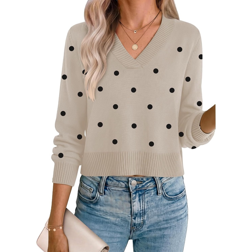 image:imageZeagoo Womens Cropped V Neck Sweaters 2026 Fall Trendy Long Latern Sleeve Ribbed Knit Pullover Sweater TopsPolka Dotkhaki