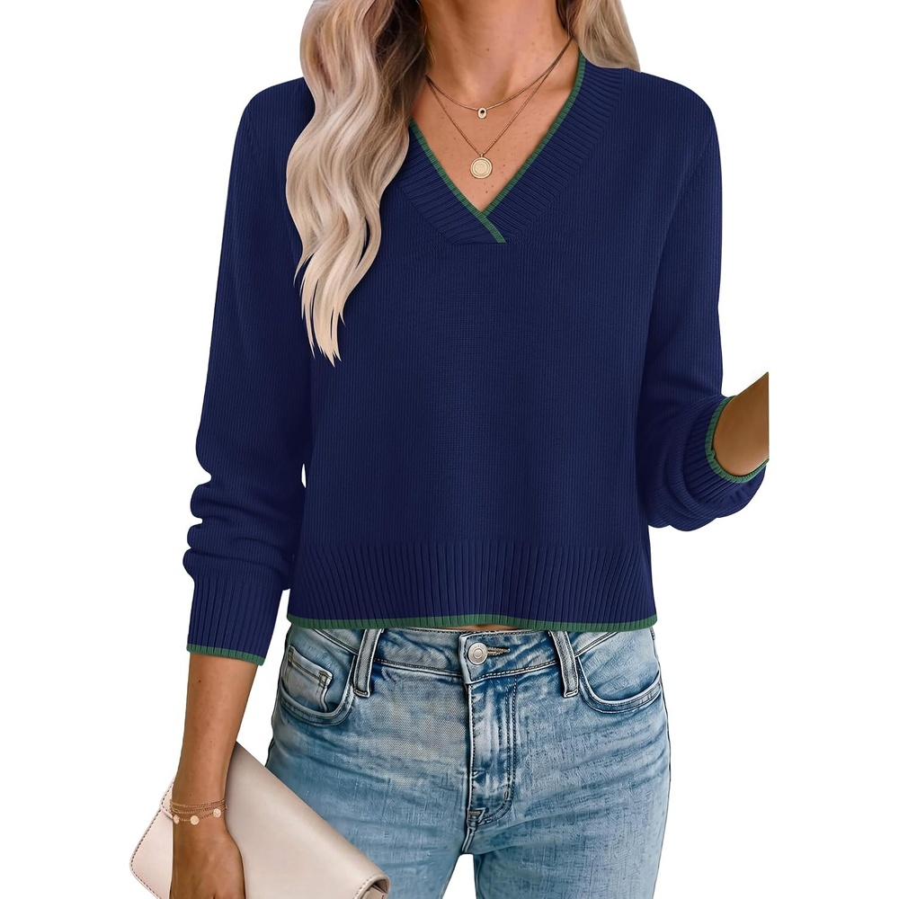 image:imageZeagoo Womens Cropped V Neck Sweaters 2026 Fall Trendy Long Latern Sleeve Ribbed Knit Pullover Sweater TopsStriped Blue