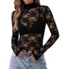 Zeagoo Women Mesh Sheer Top Long Sleeve Sexy Shirt Slim Fitted Fall Clothes(Lace Black)