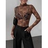 Zeagoo Women Mesh Sheer Top Long Sleeve Sexy Shirt Slim Fitted Fall Clothes(Lace Brown)