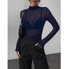 Zeagoo Women Mesh Sheer Top Long Sleeve Sexy Shirt Slim Fitted Fall Clothes(Navy)