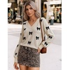 Zeagoo Womens Cropped V Neck Sweaters 2026 Fall Trendy Long Latern Sleeve Ribbed Knit Pullover Sweater Tops(Bow-black Khaki)