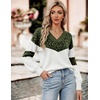 Zeagoo Womens Cropped V Neck Sweaters 2026 Fall Trendy Long Latern Sleeve Ribbed Knit Pullover Sweater Tops(Leopard-army White)