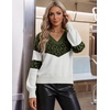 Zeagoo Womens Cropped V Neck Sweaters 2026 Fall Trendy Long Latern Sleeve Ribbed Knit Pullover Sweater Tops(Leopard-army White)
