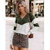 Zeagoo Womens Cropped V Neck Sweaters 2026 Fall Trendy Long Latern Sleeve Ribbed Knit Pullover Sweater Tops(Leopard-army White)