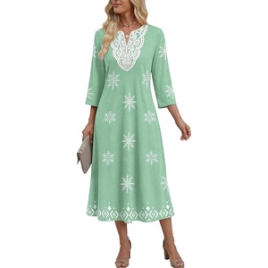 Zeagoo 3/4 Sleeve Dress for Women Midi Dresses V Neck Lace Casual Sundress(Green Floral)