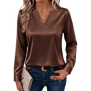 Zeagoo Satin Blouses for Women Silk Tops Long Sleeve Shirts Fall Clothes(A-brown)