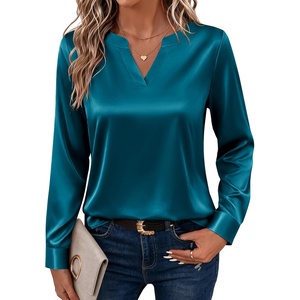 Zeagoo Satin Blouses for Women Silk Tops Long Sleeve Shirts Fall Clothes(Blue Green)