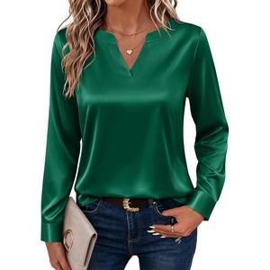 Zeagoo Satin Blouses for Women Silk Tops Long Sleeve Shirts Fall Clothes(Green)