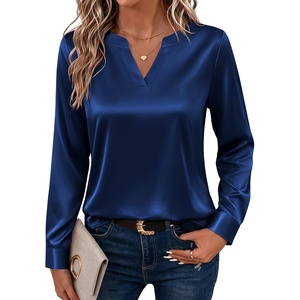 Zeagoo Satin Blouses for Women Silk Tops Long Sleeve Shirts Fall Clothes(Navy Blue)