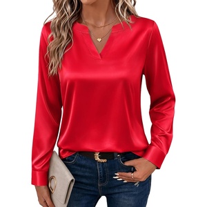 Zeagoo Satin Blouses for Women Silk Tops Long Sleeve Shirts Fall Clothes(Red)