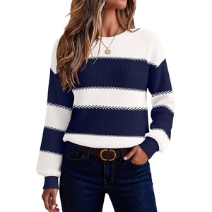 Zeagoo Sweaters for Women 2026 Loose Fit Chunky Knit Casual Fall Outfits(Navy White Block)