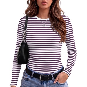 Zeagoo Women Long Sleeve Shirts Ribbed Tops Crewneck Basic Tee(Purple Stripe)