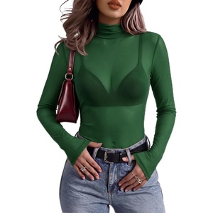 Zeagoo Women Mesh Sheer Top Long Sleeve Sexy Shirt Slim Fitted Fall Clothes(Green)
