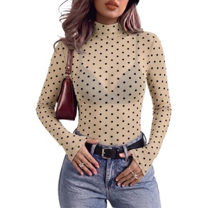 Zeagoo Women Mesh Sheer Top Long Sleeve Sexy Shirt Slim Fitted Fall Clothes(Polka Dot-jh749)