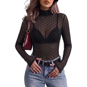 Zeagoo Women Mesh Sheer Top Long Sleeve Sexy Shirt Slim Fitted Fall Clothes(Polka Dot-jh79)