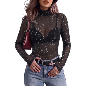 Zeagoo Women Mesh Sheer Top Long Sleeve Sexy Shirt Slim Fitted Fall Clothes(Silver Star-kt61)