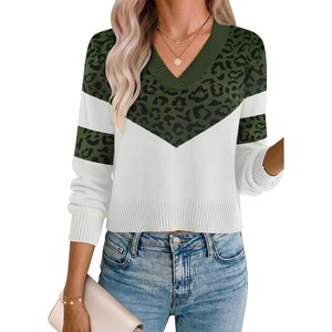 Zeagoo Womens Cropped V Neck Sweaters 2026 Fall Trendy Long Latern Sleeve Ribbed Knit Pullover Sweater Tops(Leopard-army White)