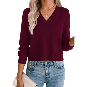 Zeagoo Womens Cropped V Neck Sweaters 2026 Fall Trendy Long Latern Sleeve Ribbed Knit Pullover Sweater Tops(Wine Red)