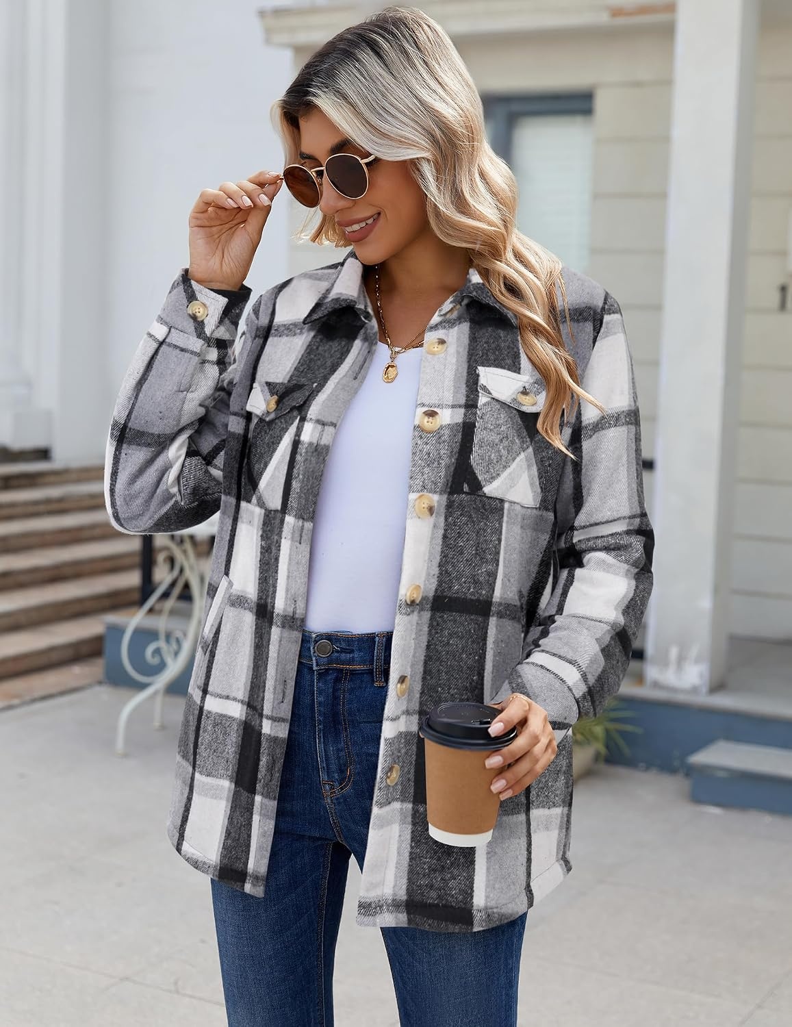 image:imageZeagoo Flannel Jacket for Women Sherpa Fleece Lined Winter Plaid CoatsBlack
