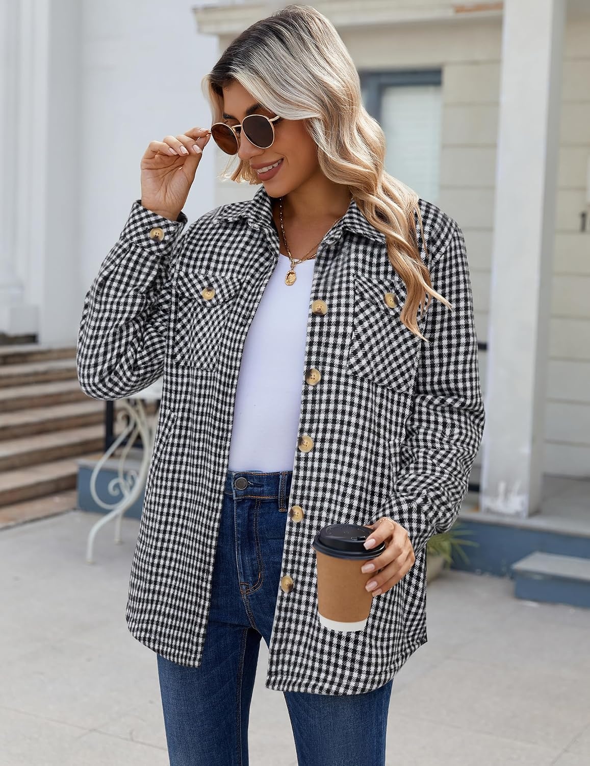 image:imageZeagoo Flannel Jacket for Women Sherpa Fleece Lined Winter Plaid CoatsBlack White Houndstooth