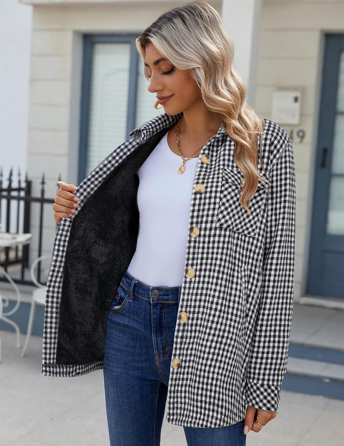 image:imageZeagoo Flannel Jacket for Women Sherpa Fleece Lined Winter Plaid CoatsBlack White Houndstooth